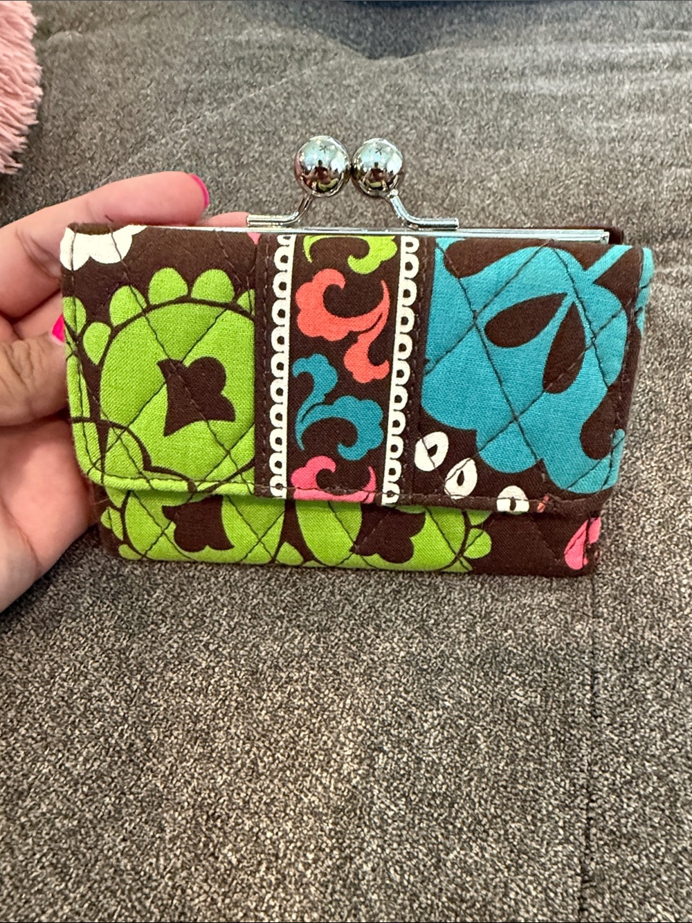 Vera Bradley Quilted Floral Kiss-Lock Wallet in Green, Blue & Pink